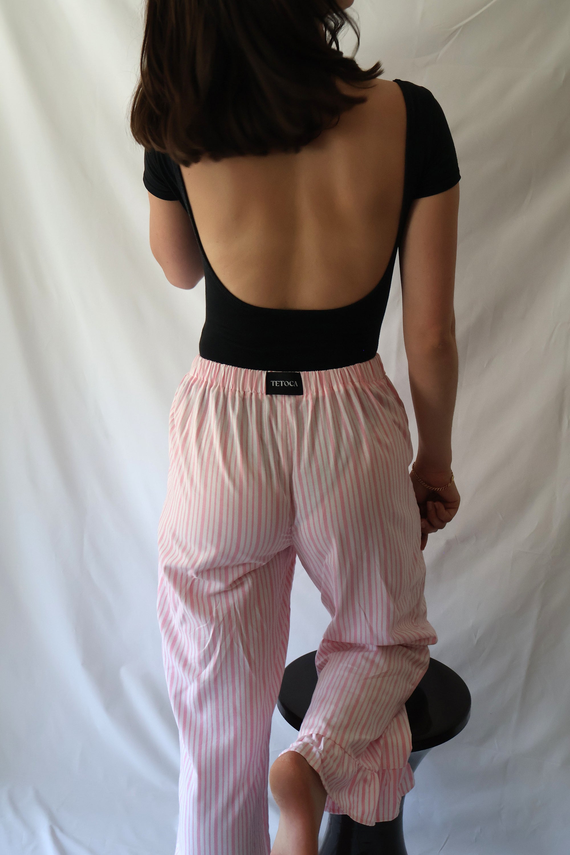 PANTALON RAYÉ ROSE ET BLANC - à volants