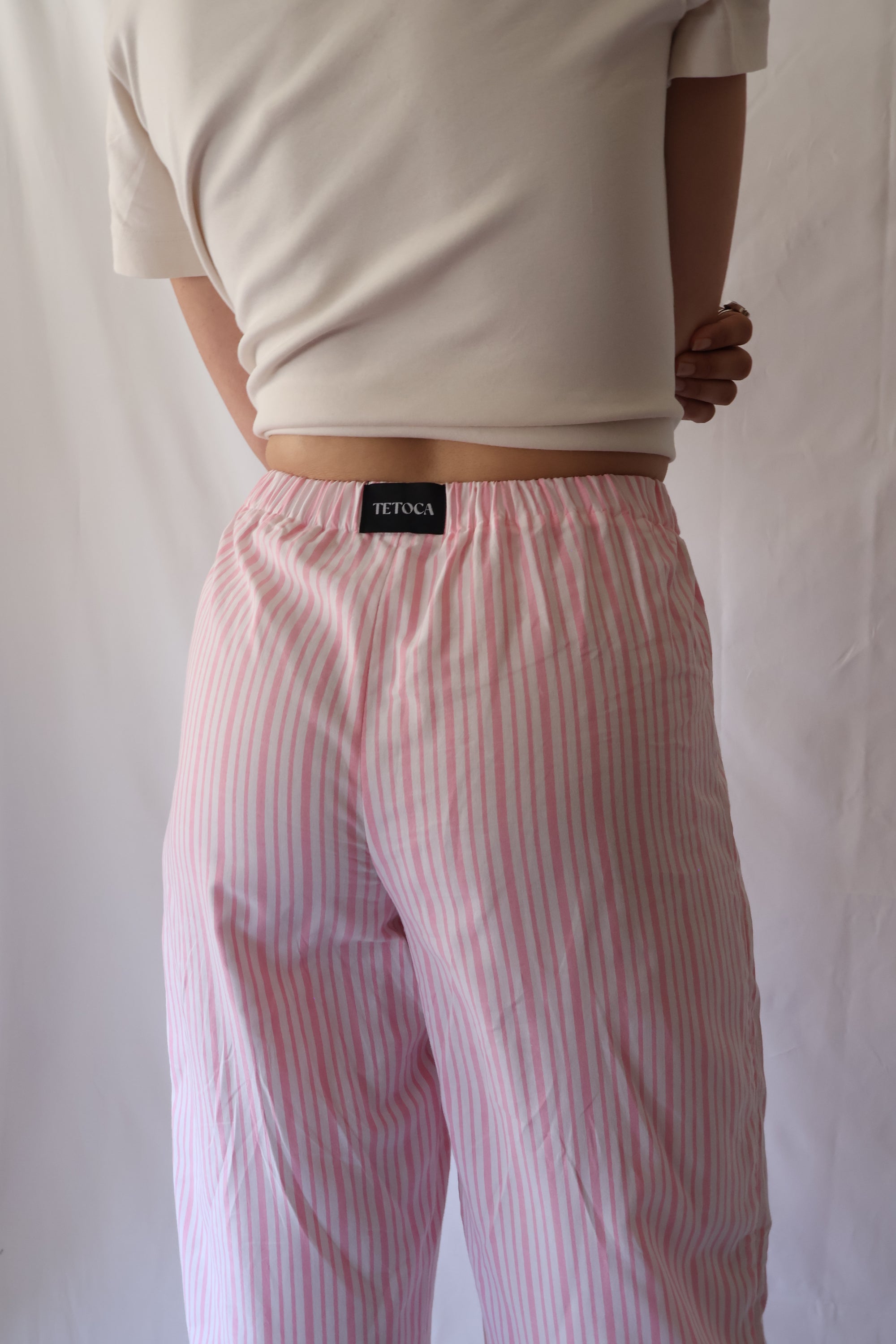 PANTALON RAYÉ ROSE ET BLANC - à volants
